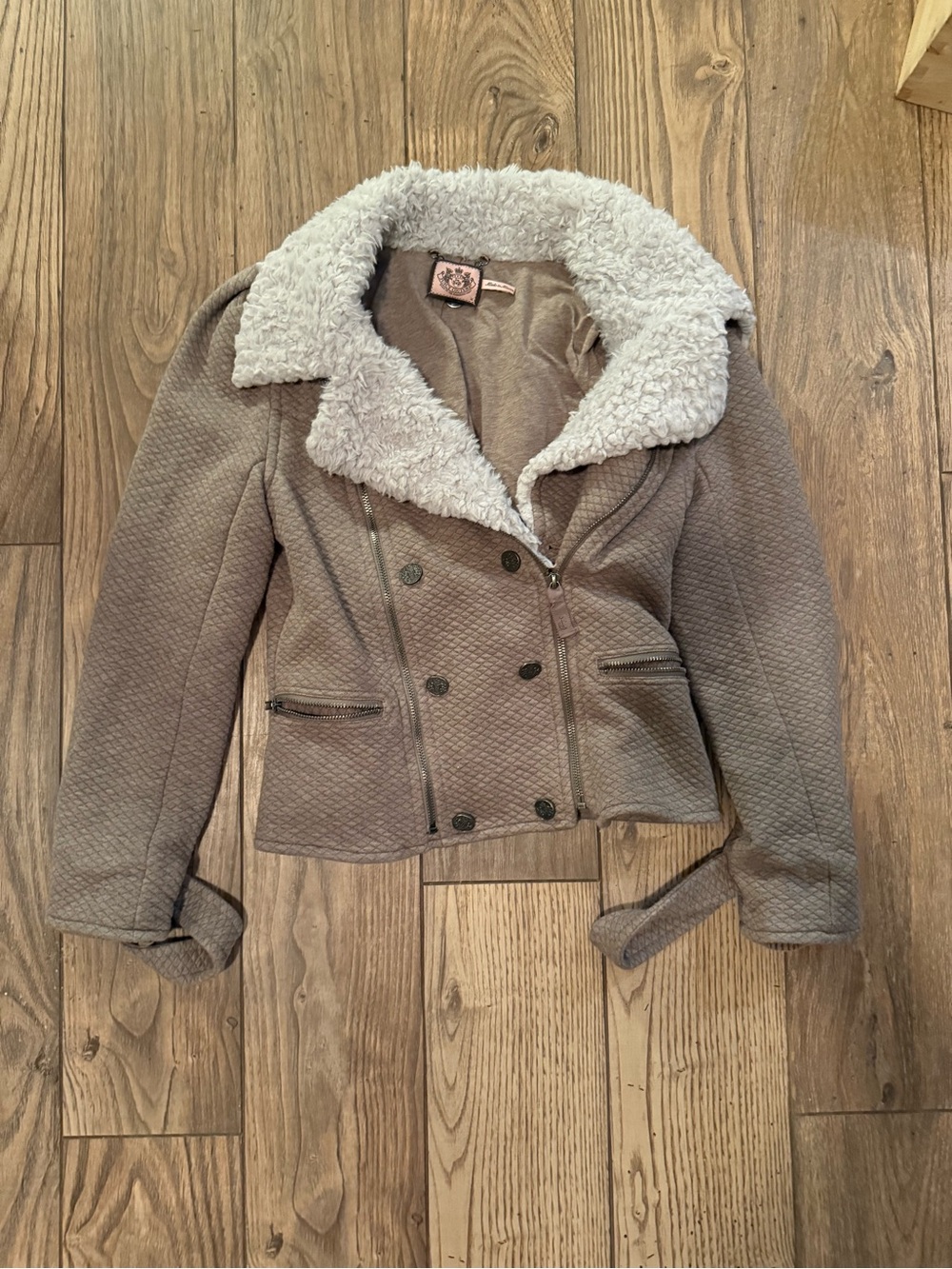 Juicy Couture Taupe Quilted Jacket with Cream Sherpa Collar